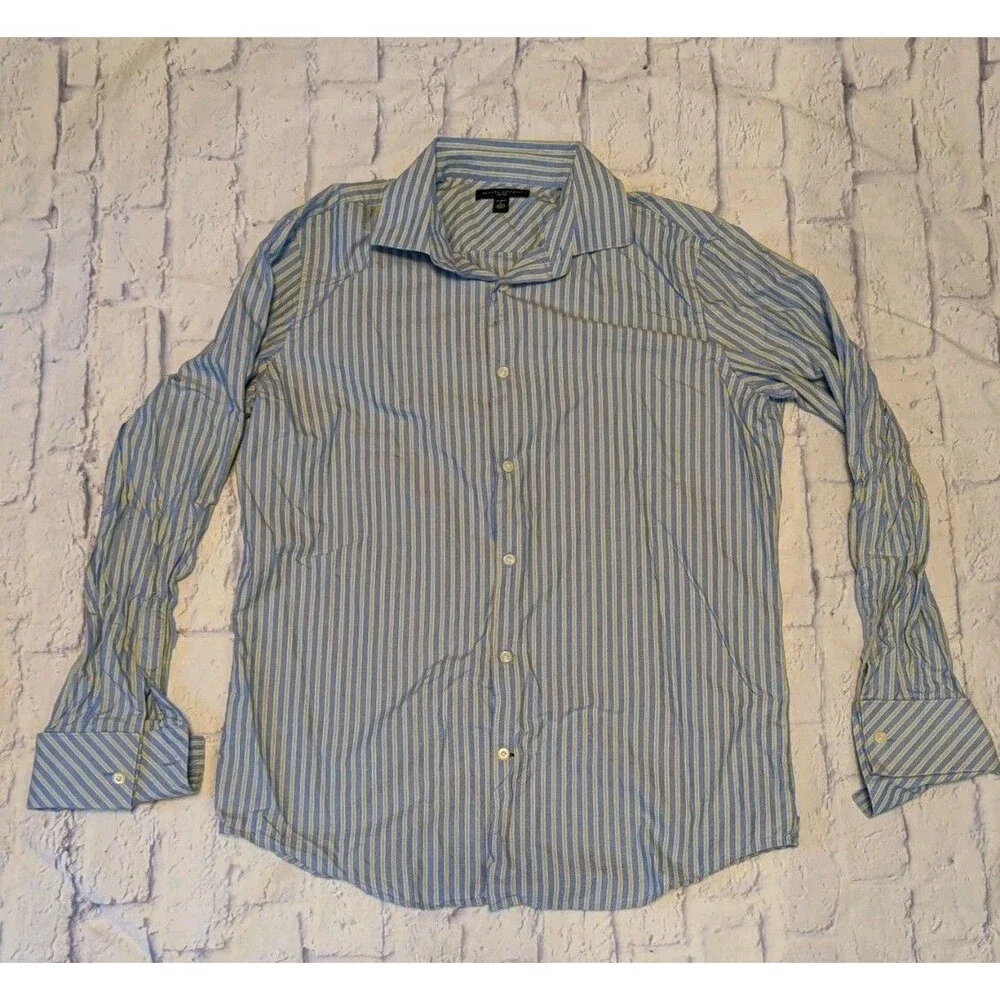 Banana Republic Shirt Mens Large Blue & Green Striped Fitted Button